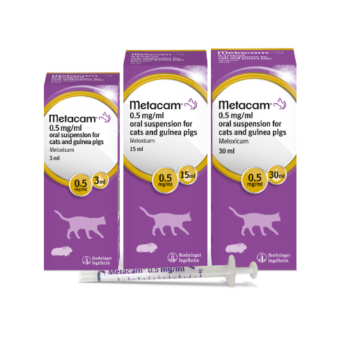 three packaging boxes of metacam cat medicine